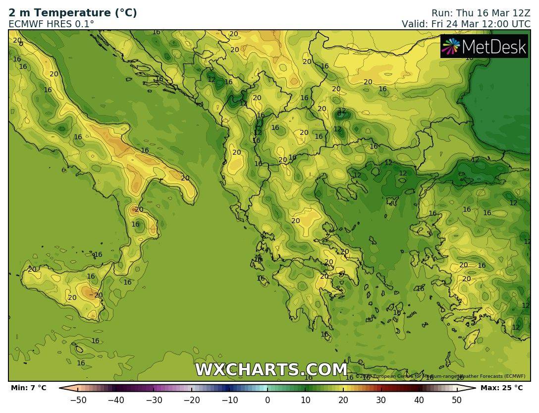 Карта на температурата в Южна Европа